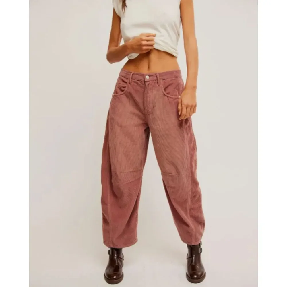 We The Free Good Luck Mid-Rise Cord Barrel Jeans, Withered Rose, Size 24 (28x24)